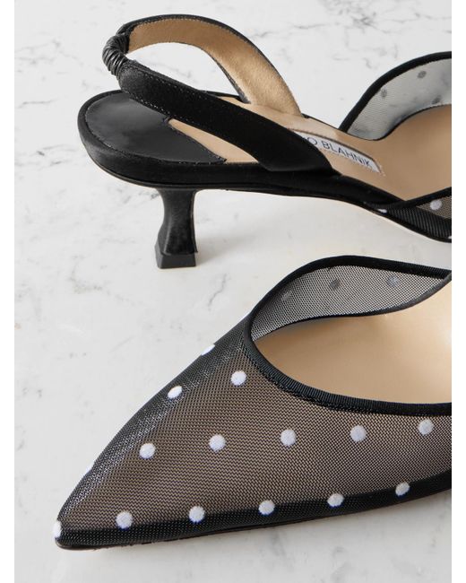 Manolo Blahnik Black Carolyne 50 Slingback-Pumps Aus Mesh Und Satin Mit Flockprint
