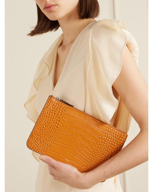 Totême Orange Threefold Croc-Effect Leather Clutch