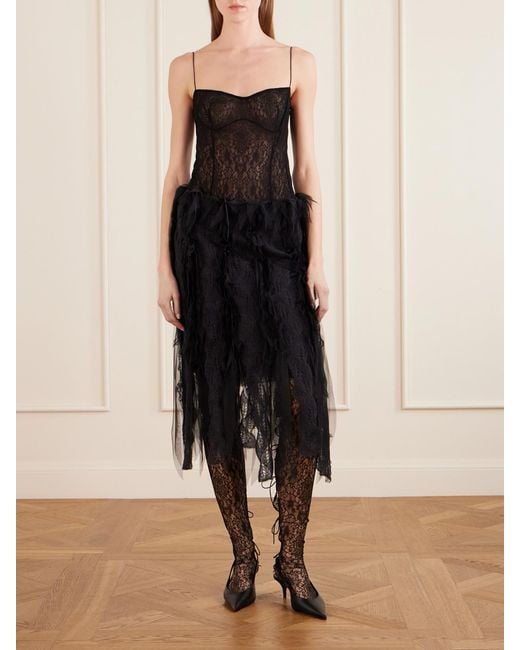 PAULINE DUJANCOURT Black Tulle-Trimmed Brushed-Knit Midi Skirt