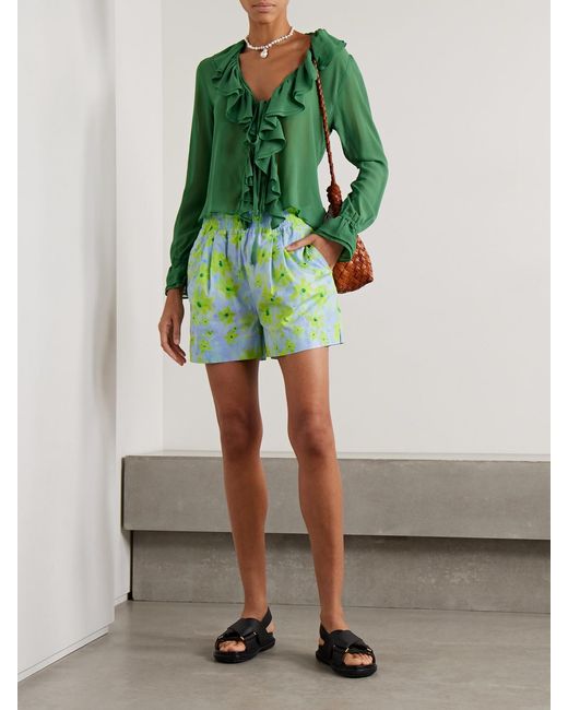 Marni Green Pleated Floral-Print Cotton-Poplin Shorts