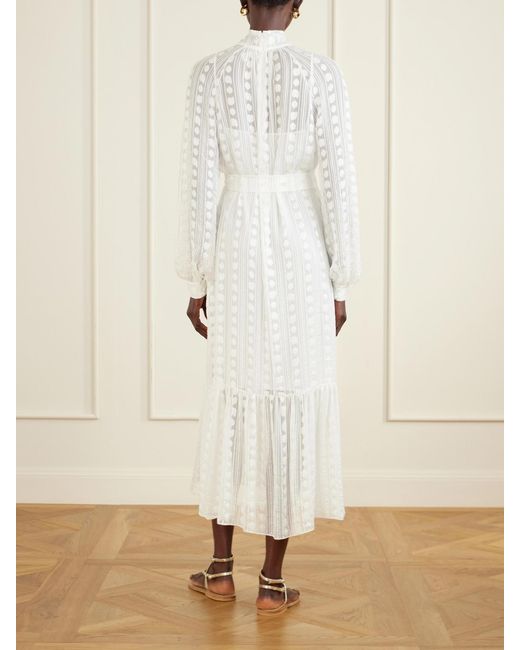 Etro White Pussy-Bow Belted Tiered Jacquard Silk-Chiffon Midi Dress