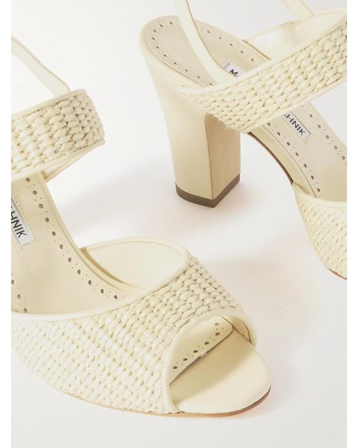 Manolo Blahnik Natural Khiko 90 Leather-Trimmed Raffia Sandals