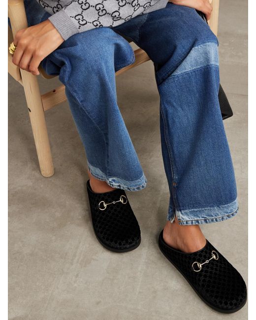 Gucci White New Sol Horsebit-Detailed Leather-Trimmed Velvet Slippers