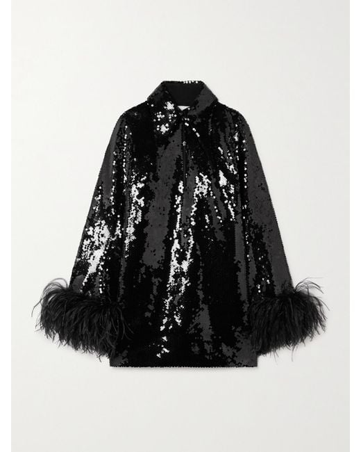 16Arlington Black Michelle Feather-Trimmed Sequined Crepe Mini Dress