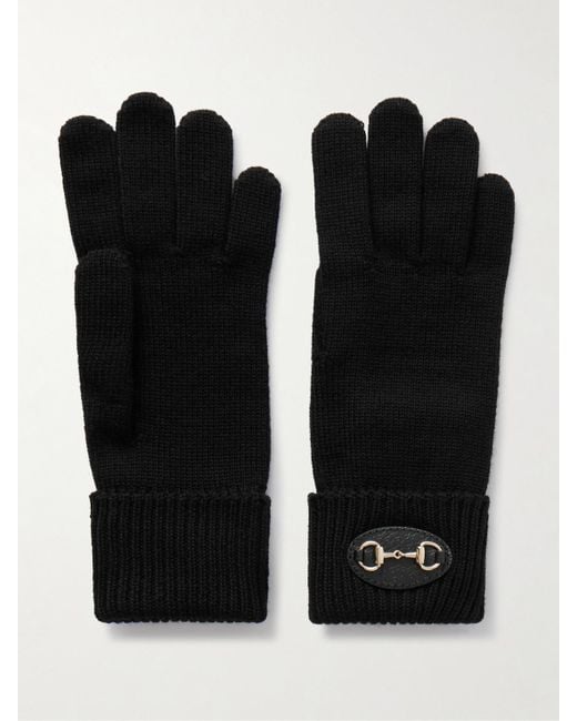 Gucci Black Horsebit-Detailed Leather-Trimmed Wool Gloves