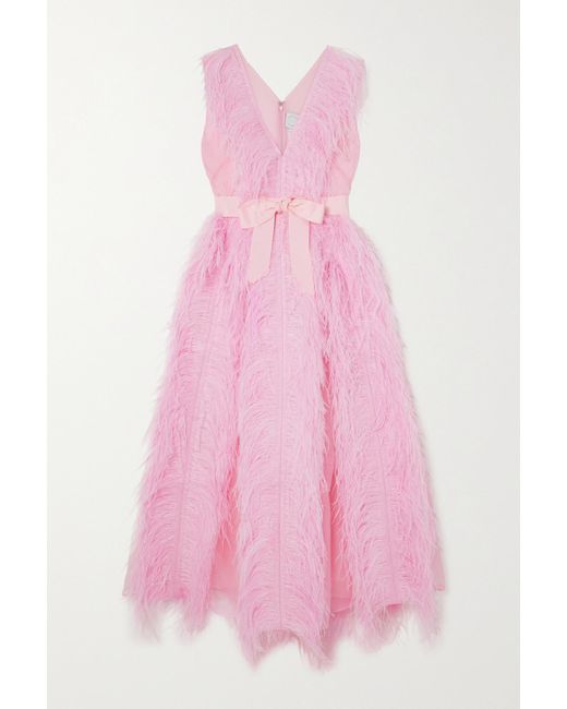 Huishan Zhang Pink Irina Belted Feather-Embellished Silk-Organza Gown