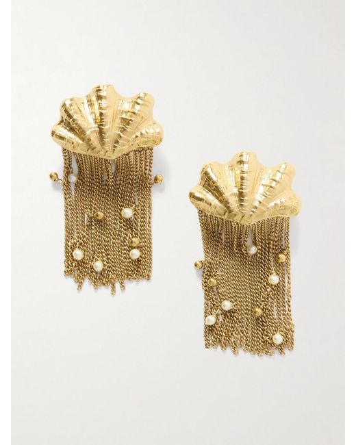 Chloé Metallic Shells Fringed-Tone Faux Pearl Clip Earrings