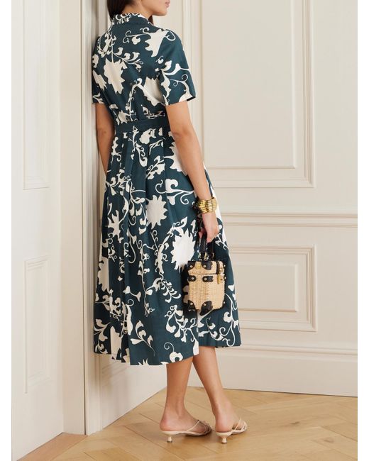 Emporio Sirenuse Blue Claudia Belted Pleated Floral-Print Cotton Midi Dress