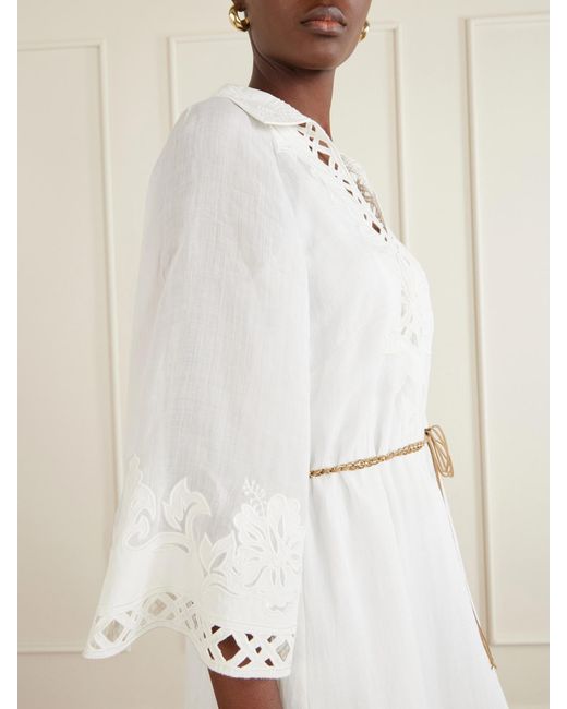 Zimmermann White Indra Embroidered Belted Ramie Maxi Dress