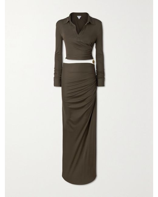 Bottega Veneta Brown Embellished Cutout Ruched Stretch-Jersey Maxi Dress