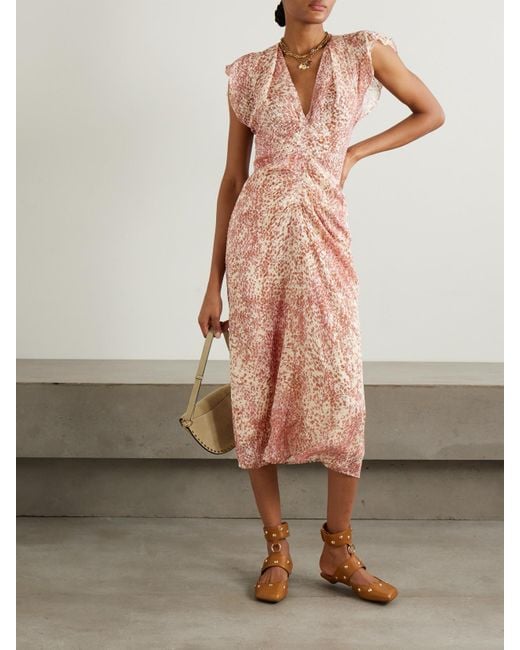 Isabel Marant Pink Lyndsay Gathered Devoré Silk-Blend Chiffon Midi Dress
