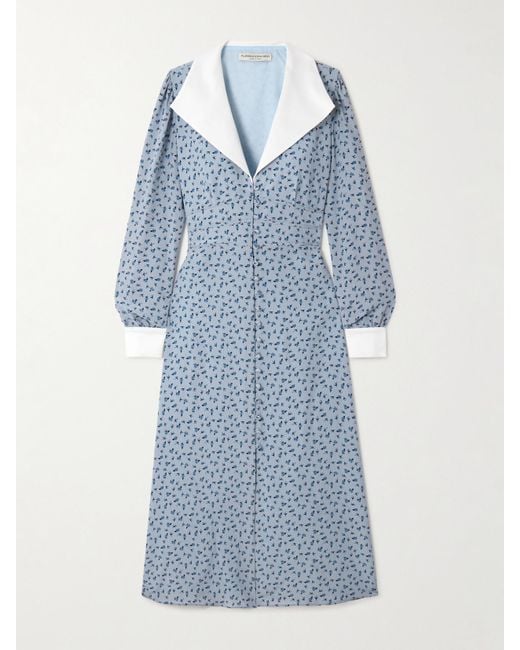 Alessandra Rich Blue Midi-Hemdblusenkleid Aus Crêpe De Chine Aus Seide Mit Blumenprint Und Mikadobesätzen