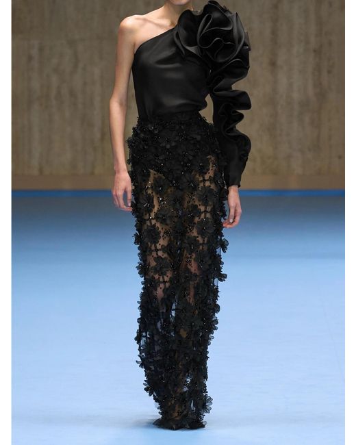 Carolina Herrera Black One-Sleeve Ruffled Silk-Gazar Top