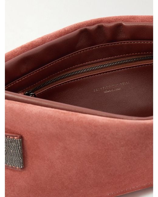 Brunello Cucinelli Pink Essence Bead-Embellished Leather-Trimmed Suede Clutch