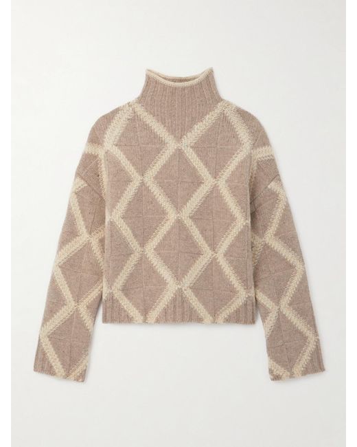Bottega Veneta Natural Argyle Intarsia-Knit Wool Turtleneck Sweater