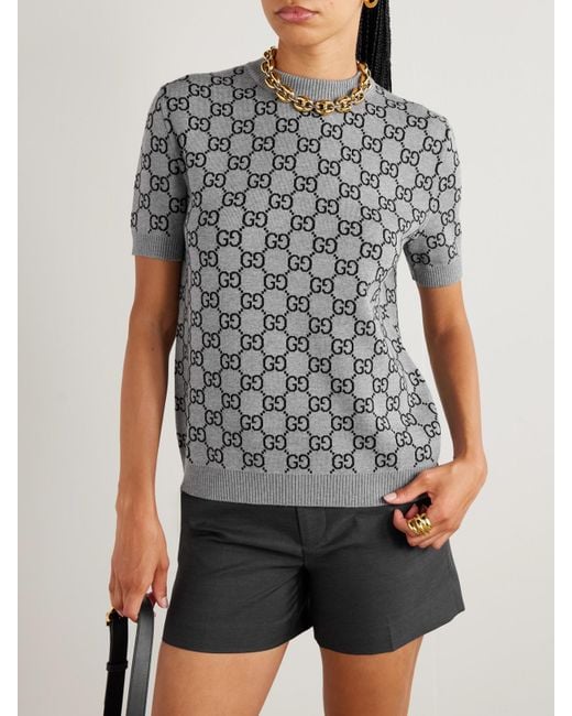 Gucci Gray Jacquard-Knit Wool-Blend Sweater