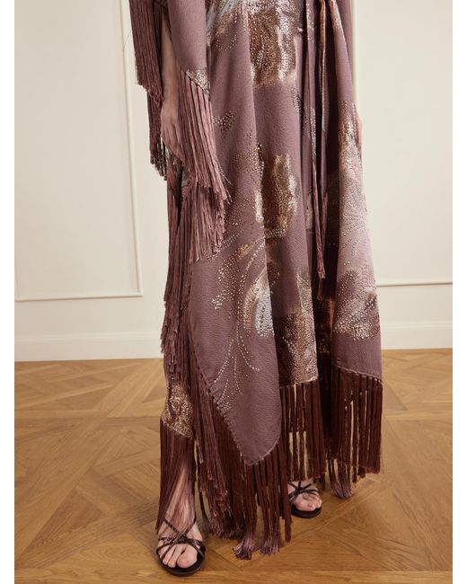 Taller Marmo Purple Dawn Royale Belted Fringed Embellished Crepe Kaftan