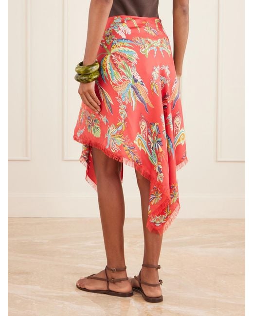 Etro Red Frayed Printed Twill Pareo
