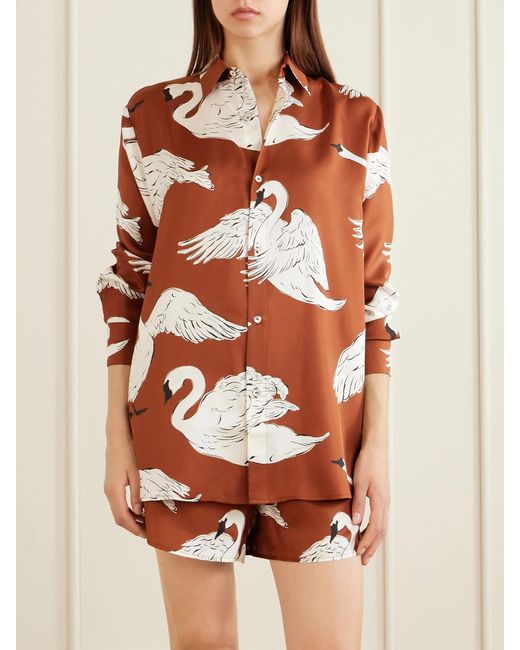 Olivia Von Halle Red Kick Printed Silk-Satin Pajama Set