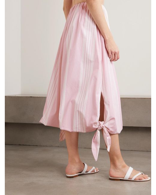 Posse Pink Rose Tie-Detailed Striped Cotton Midi Skirt