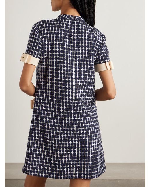 Valentino Garavani Blue Bow-Embellished Checked Wool-Blend Bouclé Mini Dress