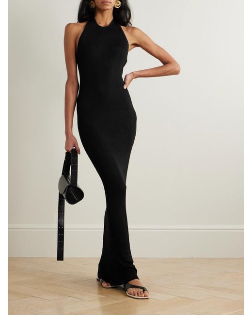 Nili Lotan Black Gertrude Neckholder-Maxikleid Aus Rippstrick