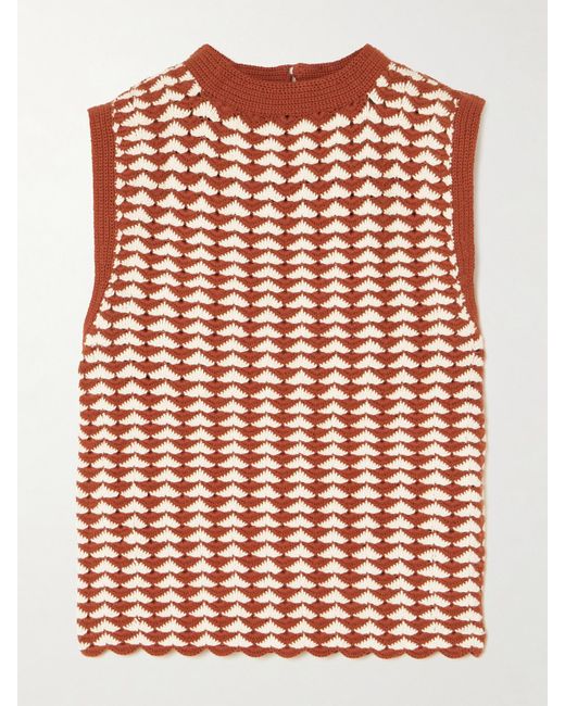Escvdo Red Motupe Scalloped Crocheted Cotton Tank