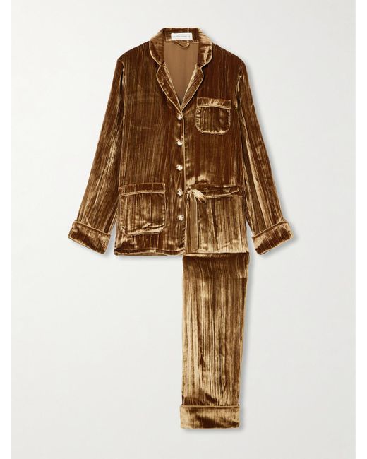 Olivia Von Halle Natural Coco Piped Crushed Velvet Pajama Set
