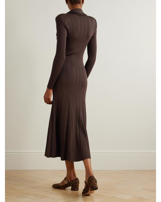 self portrait brown textured knit midi dress Brown Ribbed Collared Knit Midi Dress – self-portrait-US