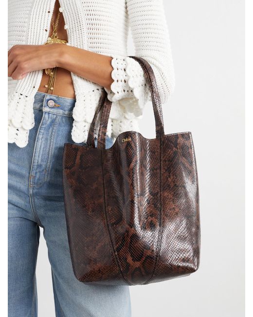 Chloé Brown Spin Tote Aus Leder Mit Schlangeneffekt