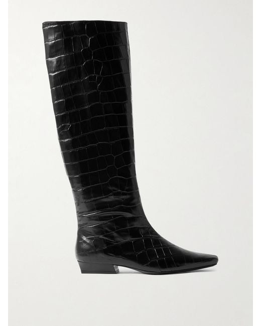 Staud Black Wally Croc-Effect Leather Knee Boots