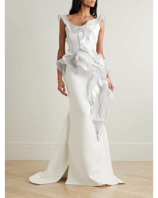 Maticevski White Liora Wave Asymmetric Ruffled Sequined Mesh Top