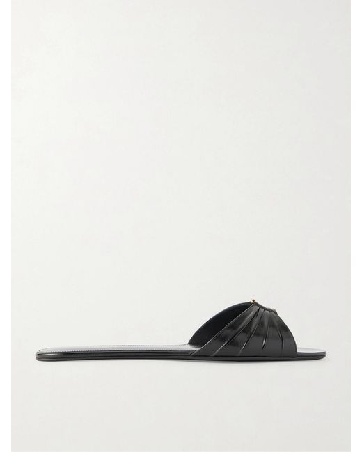 Saint Laurent White Babylone Embellished Gathered Glossed-Leather Slides