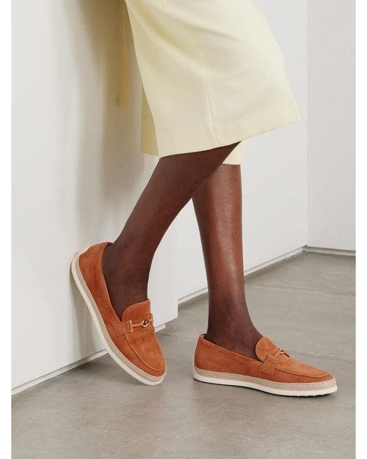 Tod's Red Gomma Loafers Aus Veloursleder Mit Verzierung, Raffiabast- Und Lederbesätzen