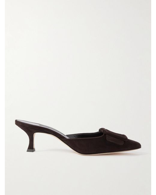 Manolo Blahnik Brown Maysale 50 Buckled Suede Mules