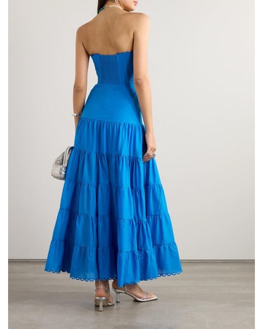 Charo Ruiz Blue Danny Strapless Broderie Anglaise-Trimmed Tiered Cotton-Blend Voile Maxi Dress