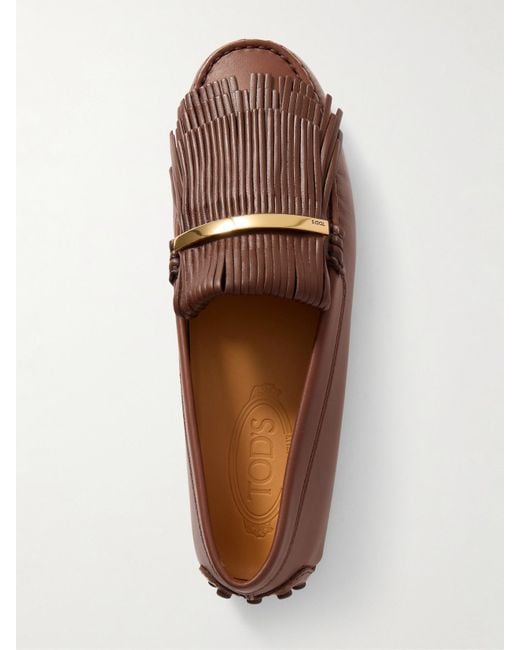 Tod's Brown Gommino Loafers Aus Leder Mit Fransen Und Verzierung