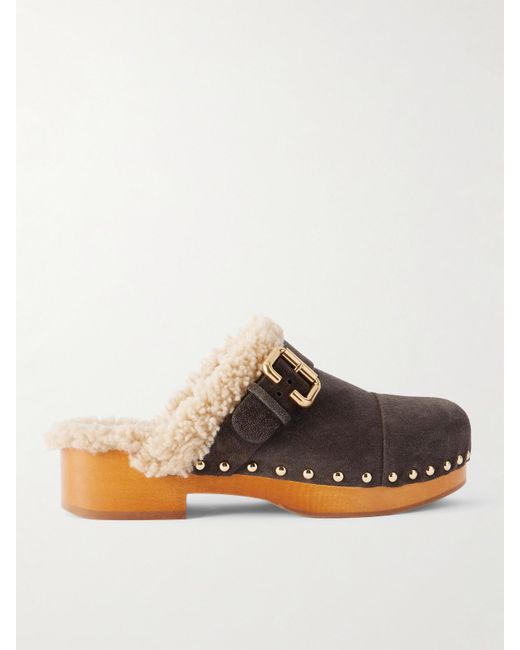 Chloé Brown Jeannette Embellished Shearling-Lined Suede Clogs