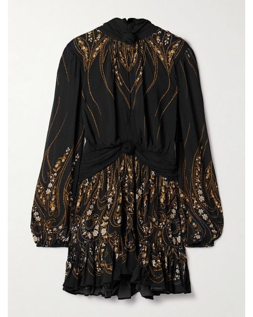 Farm Rio Black Tie-Neck Floral-Print Georgette Mini Dress
