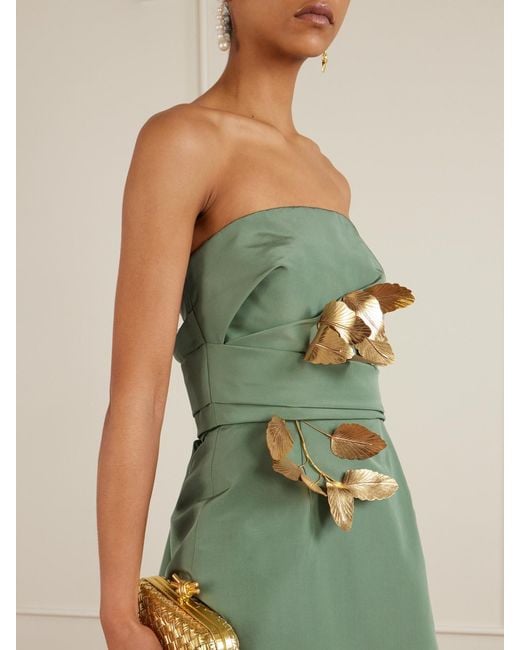 Oscar de la Renta Green Strapless Draped Embellished Silk-Faille Gown