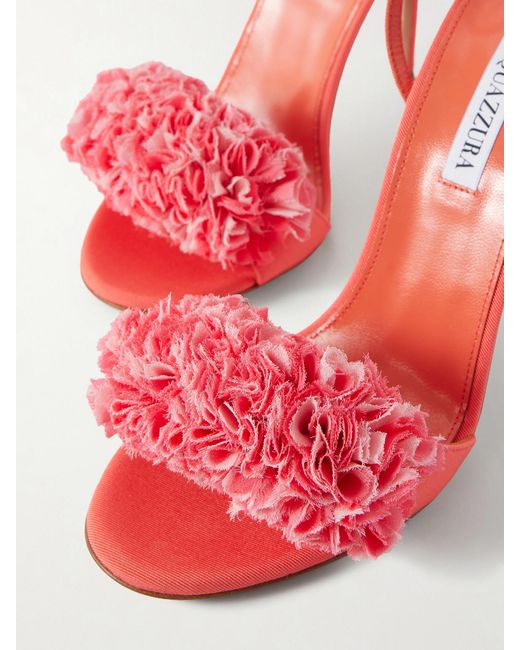 Aquazzura Red Cherry Kiss 105 Ruffled Chiffon And Leather-Trimmed Grosgrain Sandals