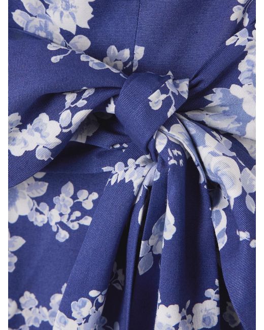 Carolina Herrera Blue Belted Floral-Print Faille Midi Dress