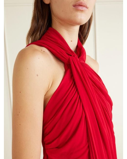 Balmain Red Draped Halterneck Jersey Maxi Dress