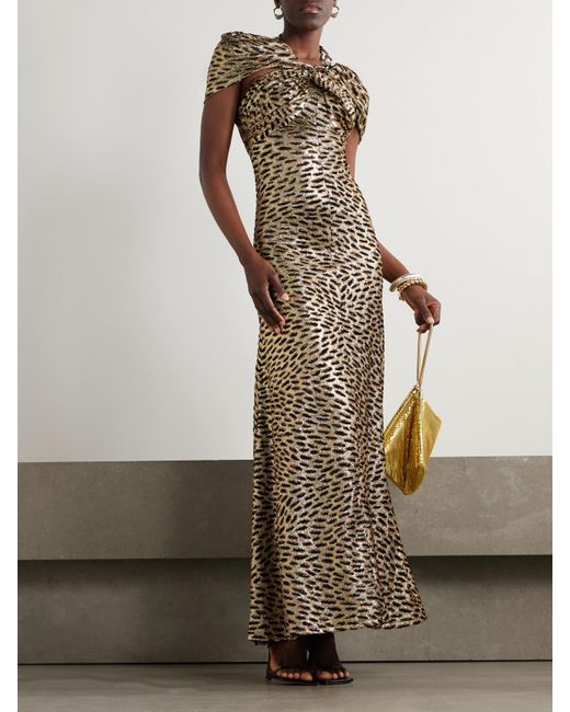 Rabanne Natural Embellished Leopard-Print Fil Coupé Lamé Maxi Dress