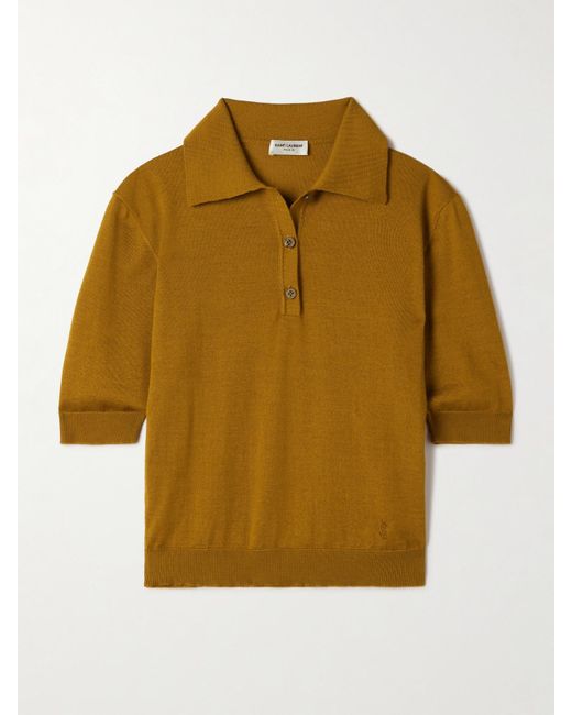 Saint Laurent Natural Oberteil Aus Einer Mischung Aus Wolle, Kaschmir Und Seide Mit Polokragen Und Stickerei