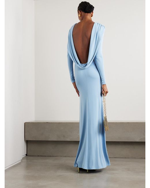 The New Arrivals Ilkyaz Ozel Blue Roisin Open-Back Draped Stretch-Jersey Gown