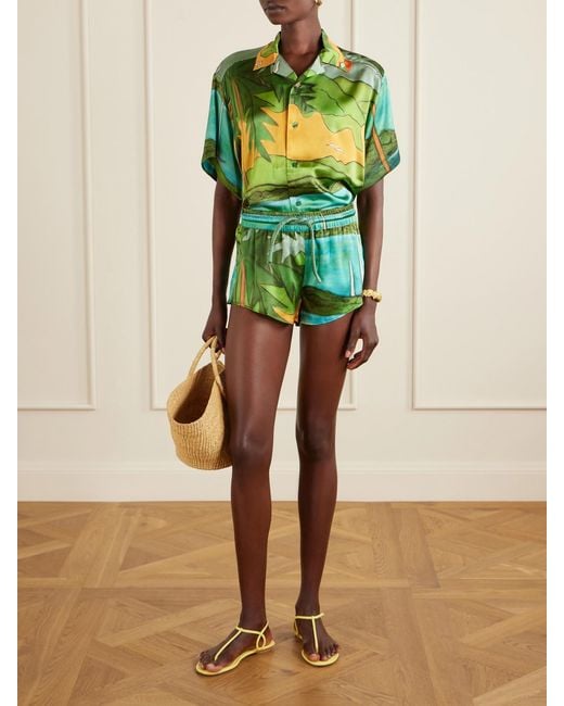 Donde Esteban Green Magdalena Printed Silk-Blend Satin Shirt