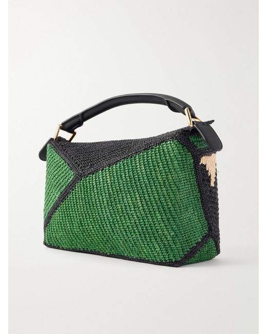 Loewe Green Paula's Ibiza Puzzle Edge Crocodile Leather-Trimmed Raffia Shoulder Bag