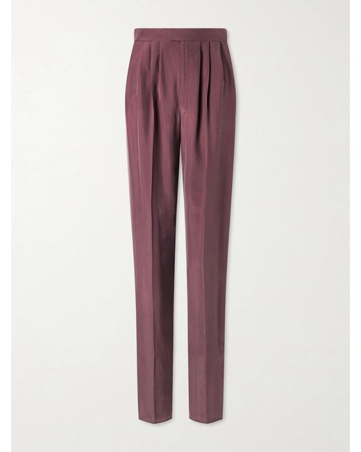 Saint Laurent Blue Pleated Silk-Habotai Straight-Leg Pants