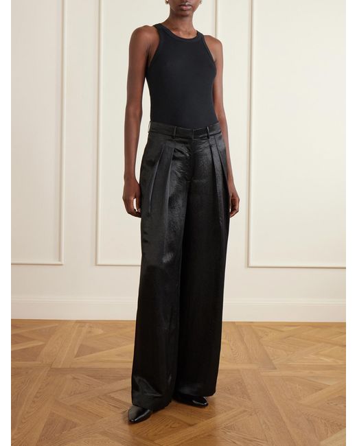 Abadia Black Pleated Satin High-Waist Wide-Leg Pants